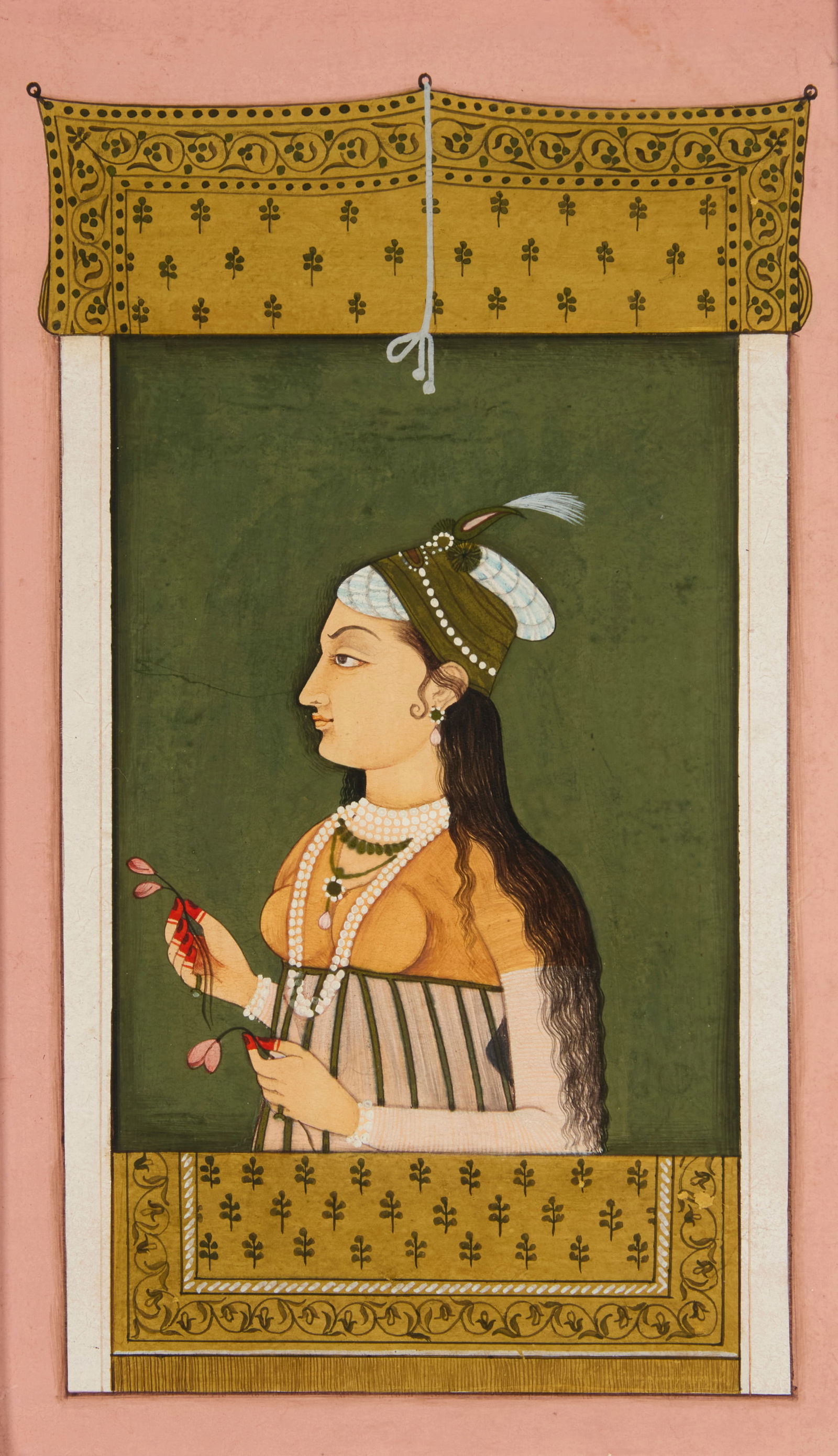 A Mughal-style portrait of a lady: A Mughal-style portrait of a lady19th century or laterGouache and ink on stiff paperUnsignedImage/Sheet: 7.875" H x 5.125" W