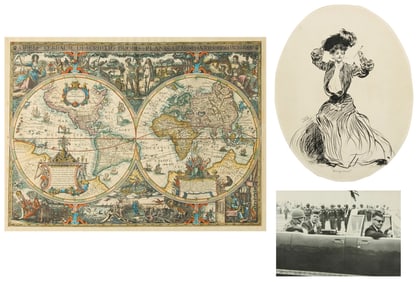 A miscellaneous group of works on paper including a photograph, lithograph, and hand-colored map