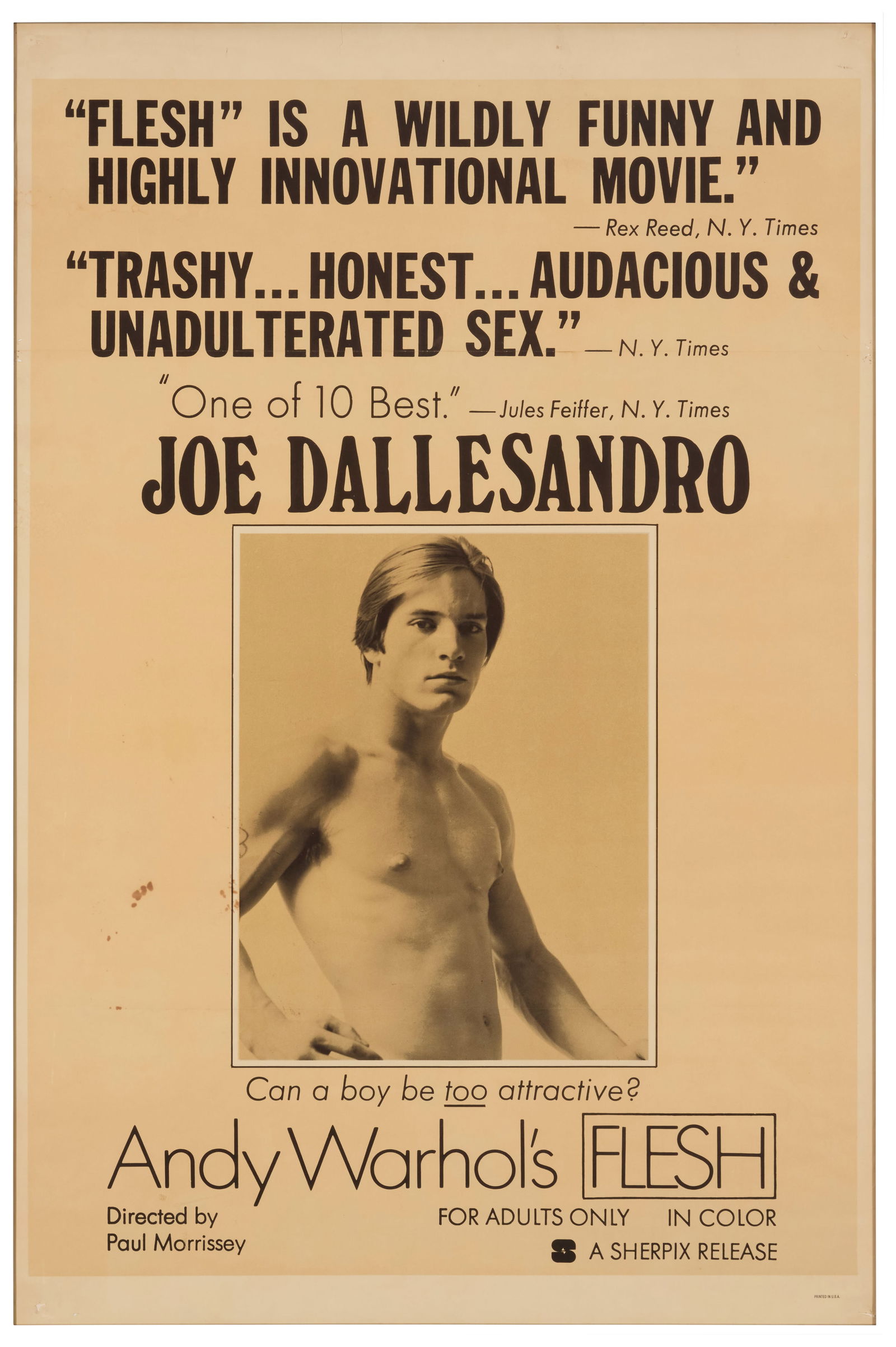 After Andy Warhol (1928-1987), An exhibition poster for Andy Warhol's movie "Flesh": After Andy Warhol(1928-1987)An exhibition poster for Andy Warhol's movie "Flesh"Offset lithograph in colors on poster paperFrom the edition of unknown size and dateAppears unsignedImage: 37.25" H x 25