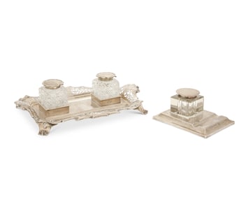 Two English sterling silver and glass inkstands
