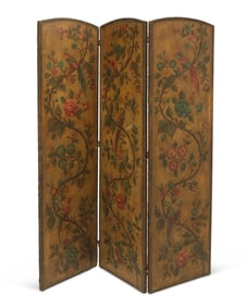 A painted leather three-panel dressing screen