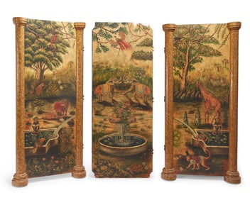 A painted wood three-panel coromandel screen