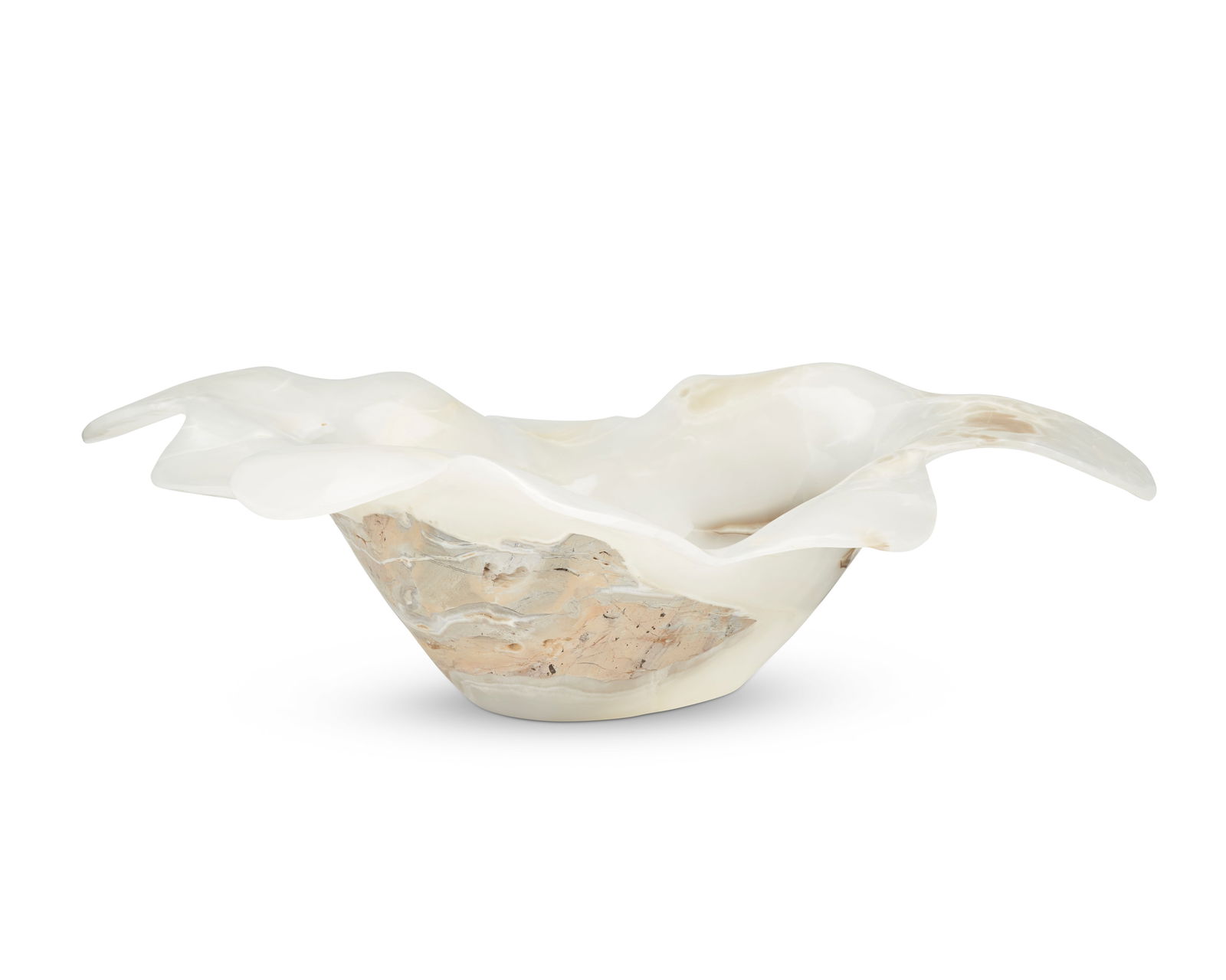 An onyx specimen bowl: An onyx specimen bowl20th/early 21st centuryWith opaque center well and semi-translucent shaped rim8.25" H x 30" W x 23.25" D28 lbs.