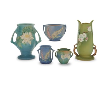 A group of Roseville pottery vases and jardinieres