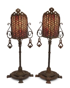 A pair of Arts & Crafts Oscar Bach-style screen lamps
