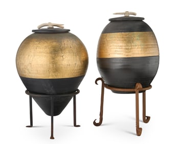 Michael Weinberg (1953-2016), Two raku-style stoneware lidded pots, late 20th/early 21st century