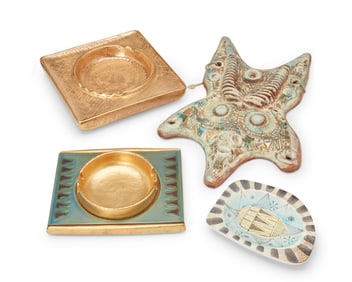 Sascha Brastoff (1918-1993), A 'Mosaic Line' ceramic wall plaque and three ashtrays, circa 1950s