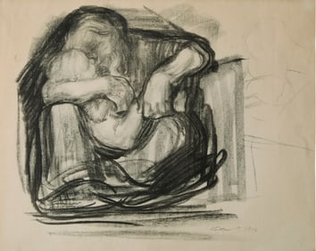 After K‰the Kollwitz (1867-1945), "Kauernde Frau mit Kind in Schob" (Crouching woman with child in