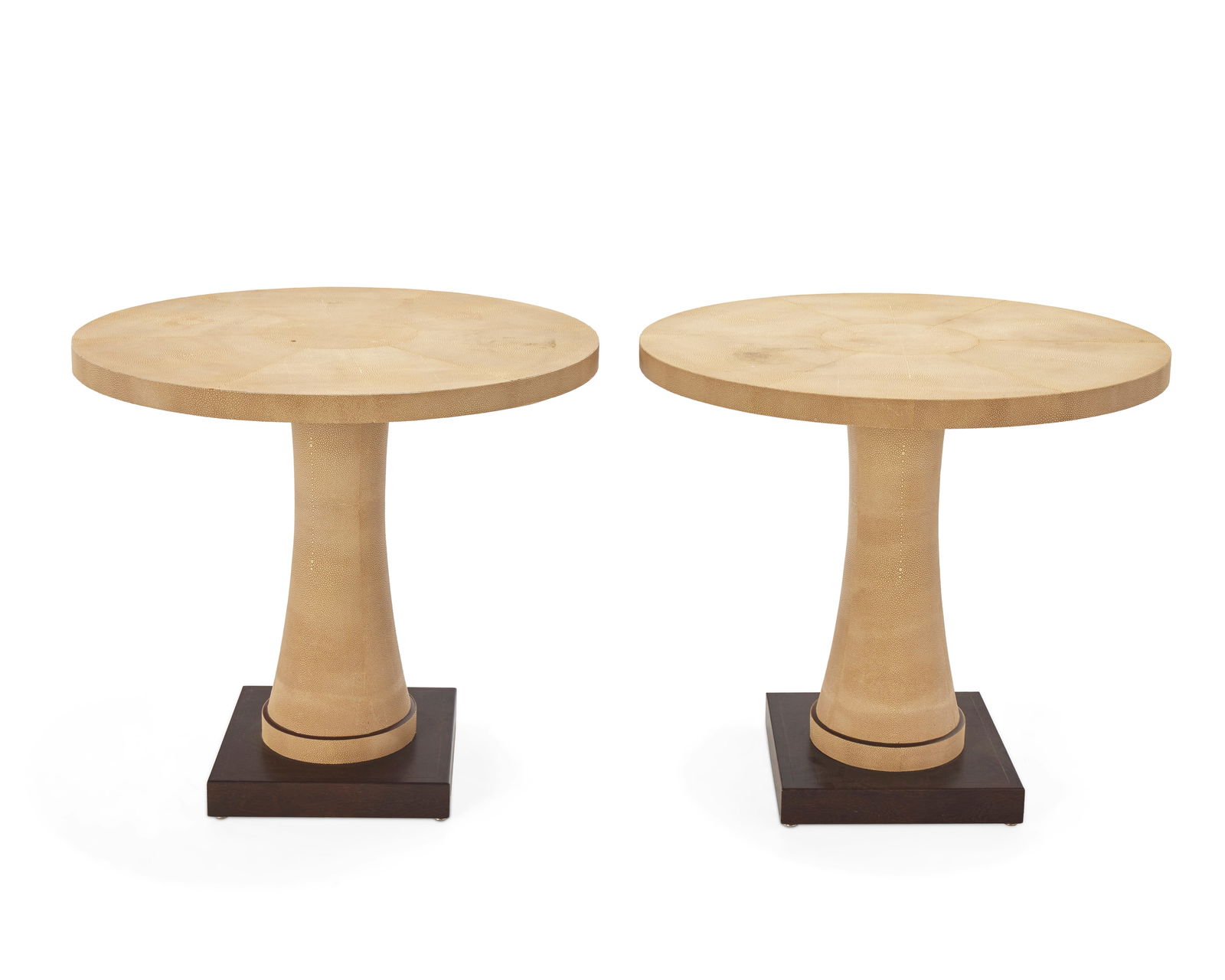 A pair of Dominic Chambon side tables for D C & Company: A pair of Dominic Chambon side tables for D C & CompanyLate 20th centuryEach with metal tag to underside: D C & Company / [logo] / Paris / Made in France / Dominic Chambon / CreationEach clad in a fau