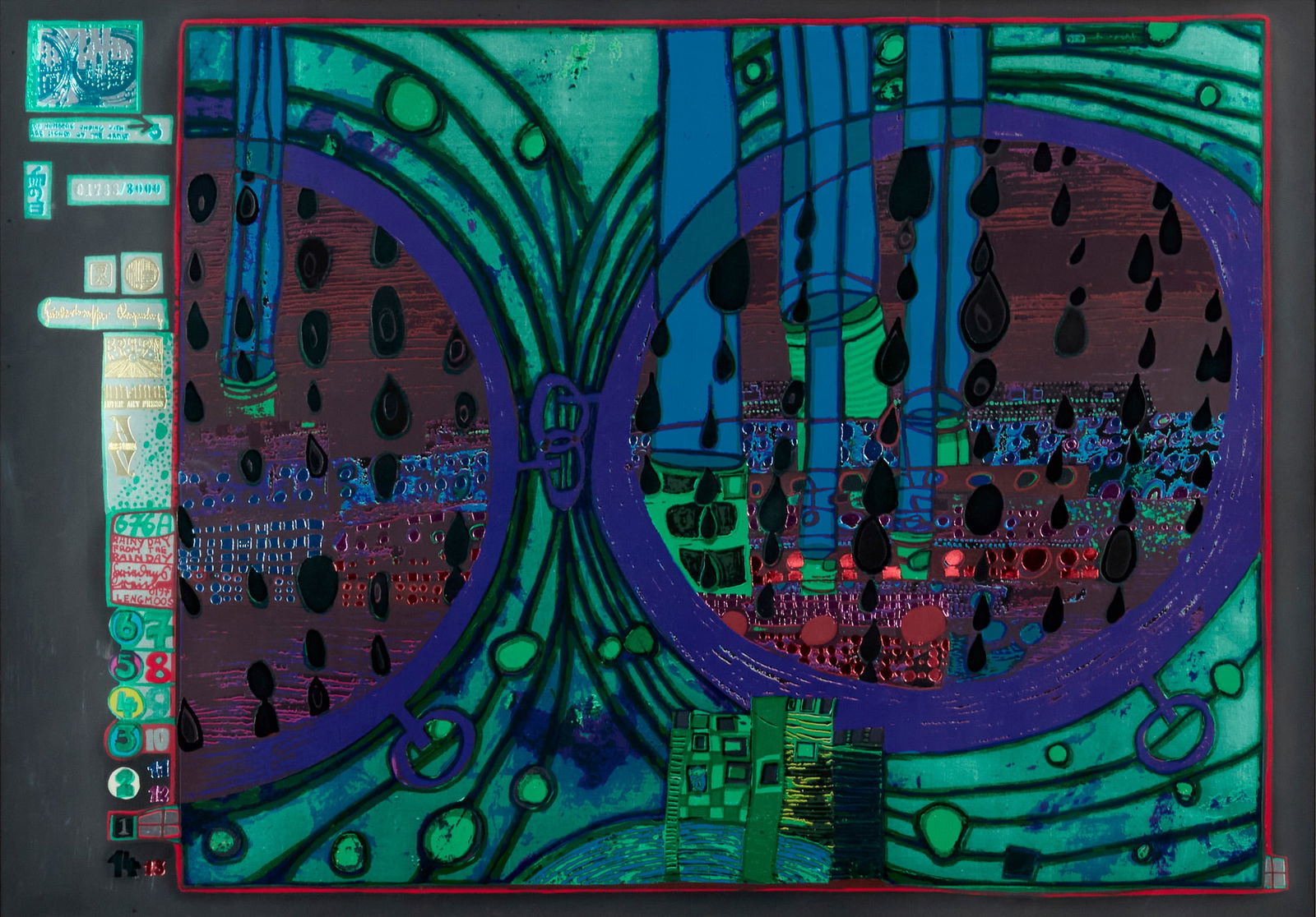 Friedensreich Hundertwasser (1928-2000), "A Rainy Day on the Regentag," from the "Look at it on a: Friedensreich Hundertwasser(1928-2000)"A Rainy Day on the Regentag," from the "Look at it on a Rainy Day," series, 1970-72Screenprint in colors with metallic embossing on paperEdition: 1738/3000Signed