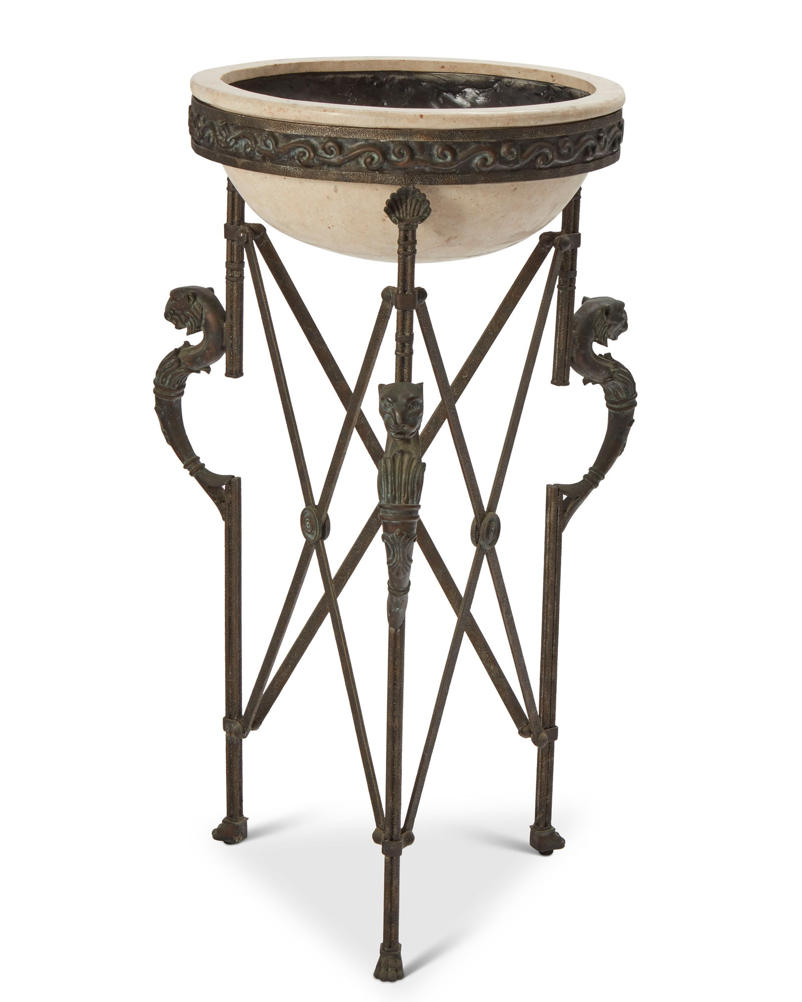 A Maitland-Smith Egyptian Revival-style athenienne: A Maitland-Smith Egyptian Revival-style athenienneLate 20th centuryWith tag: Hand Made in Philippines / Designed by Maitland-Smith Ltd.The bowl with travertine veneer set into a bronze tripod frame ad