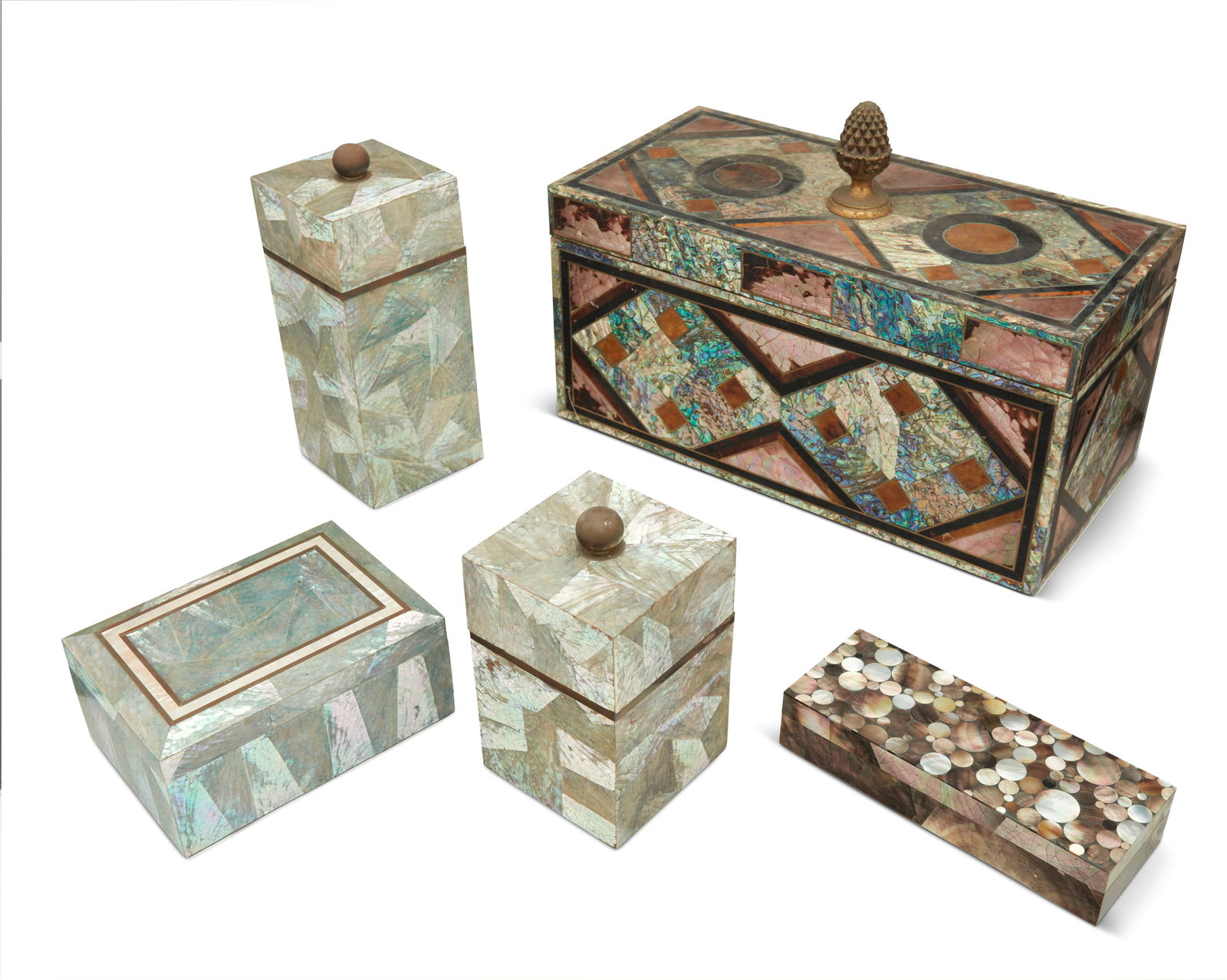 A group of mother of pearl-clad table boxes including Maitland-Smith: A group of mother of pearl-clad table boxes including Maitland-SmithLate 20th centuryOne with sticker to underside: Maitland-Smith / Hand Made in Philippines; graduated boxes with sticker: Marquis Col
