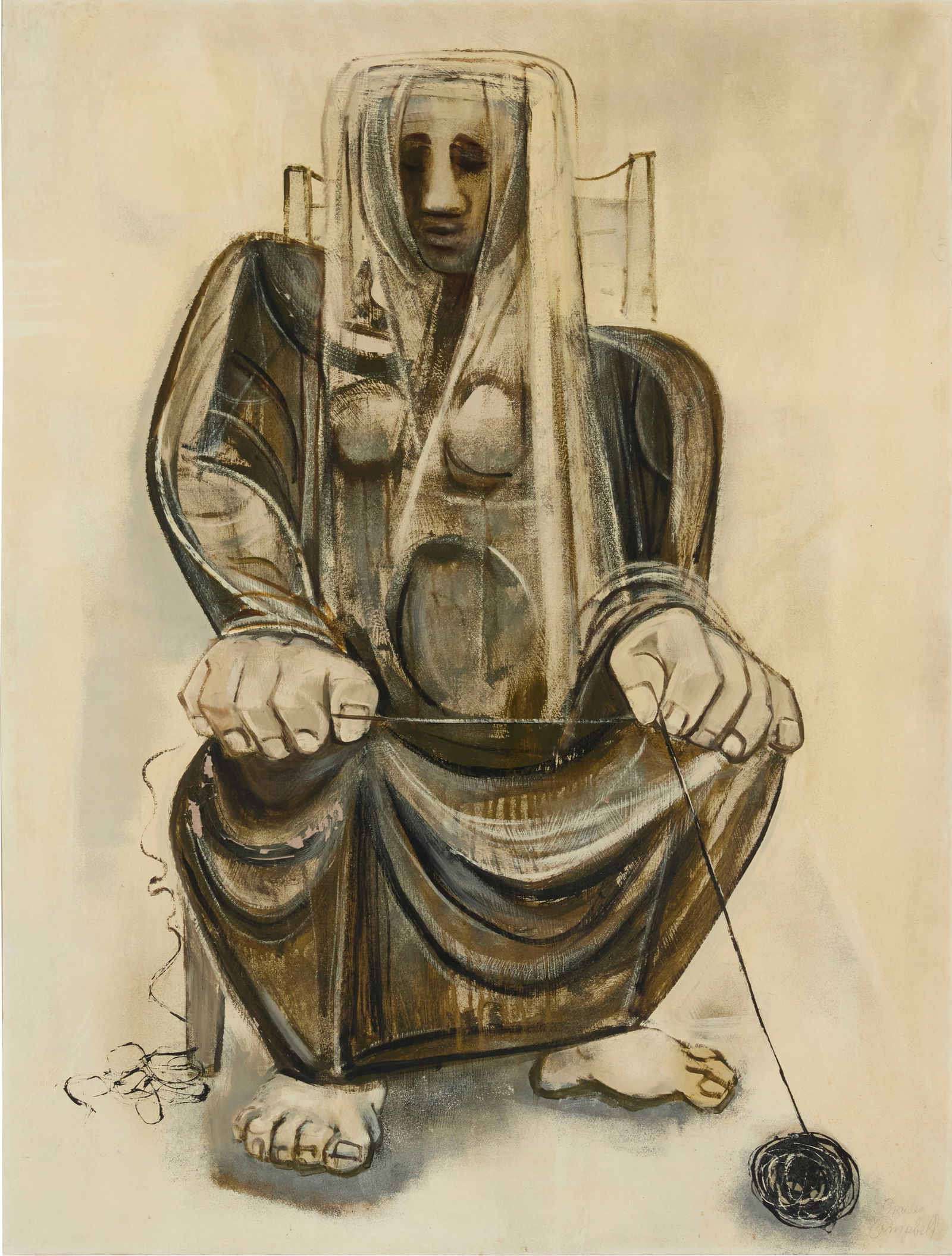 Charles Campbell (1905-1985), "Figure with Twine": Charles Campbell(1905-1985)"Figure with Twine"Oil on MasoniteSigned in pencil lower right: Charles Campbell; titled and inscribed "#814," verso48" H x 36" W