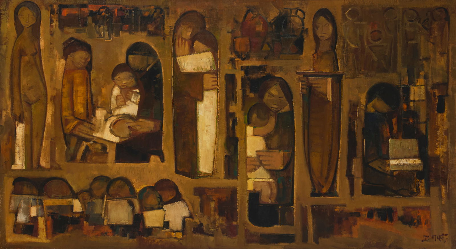 Dario Mecatti (1909-1976), Modernist figures: Dario Mecatti(1909-1976)Modernist figuresOil on canvasSigned lower right: D. Mecatti32.5" H x 59" W