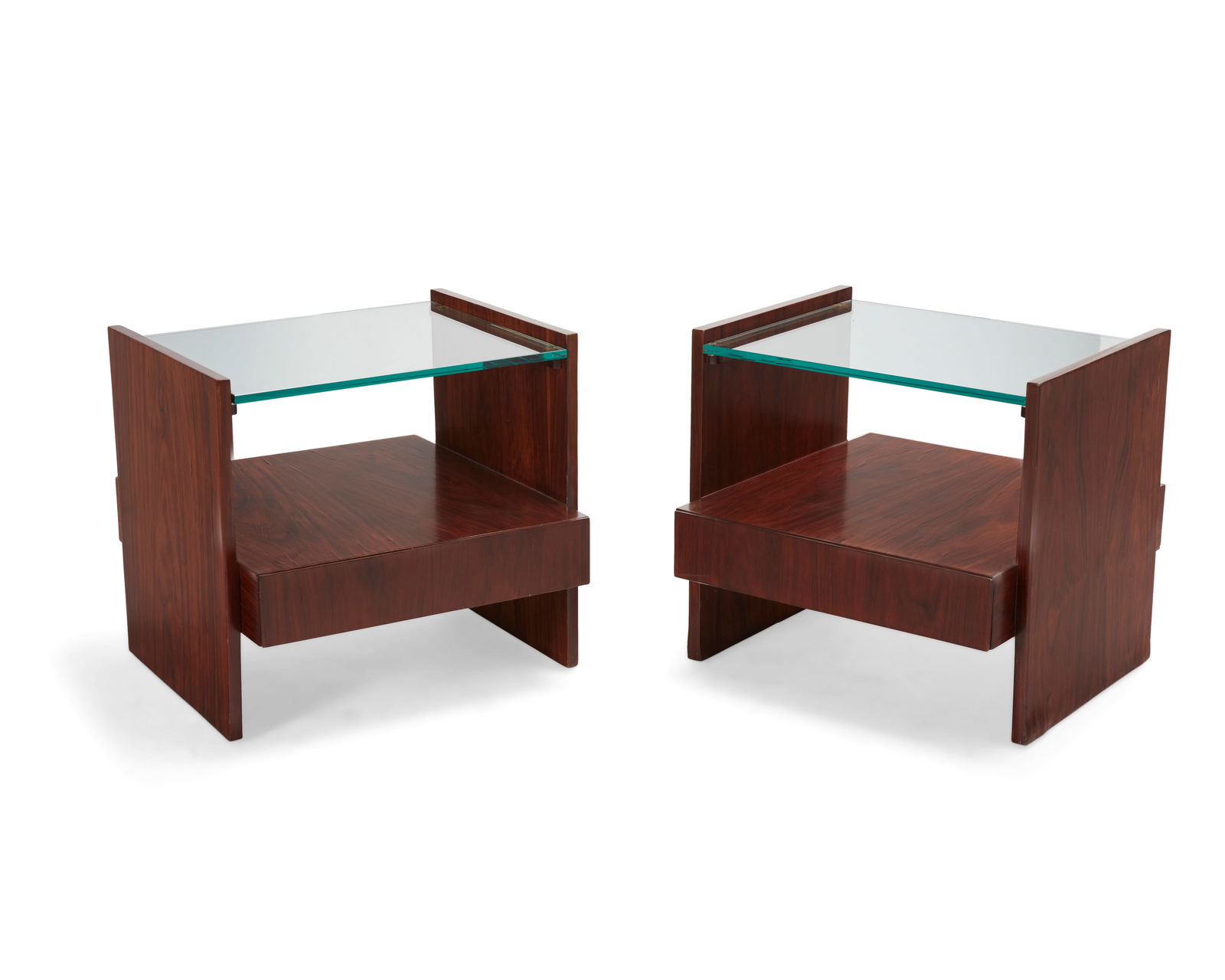 A pair of Modern side tables: A pair of Modern side tablesLate 20th/early 21st centuryEach unmarkedThe wood veneered tables, each with glass top above a single drawer2 pieces20" H x 21.5" W x 21.75" D