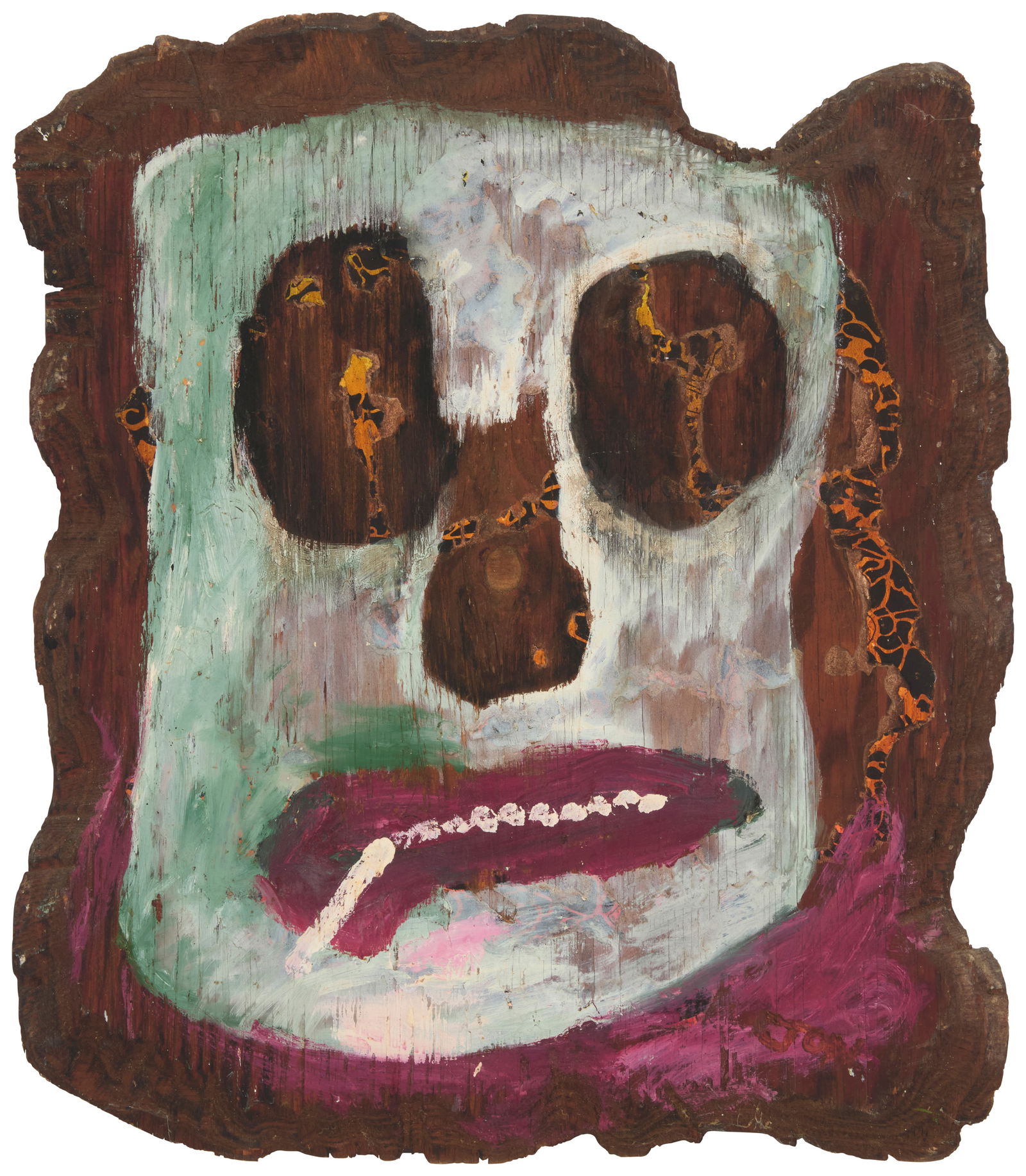 Jon Serl (1894-1993), Face, circa 1970s: Jon Serl(1894-1993)Face, circa 1970sOil and collage on reclaimed woodSigned lower right: Jon; inscribed "N5" in another hand on the verso23.5" H x 20.5" W (irreg.) Provenance:Estate of the