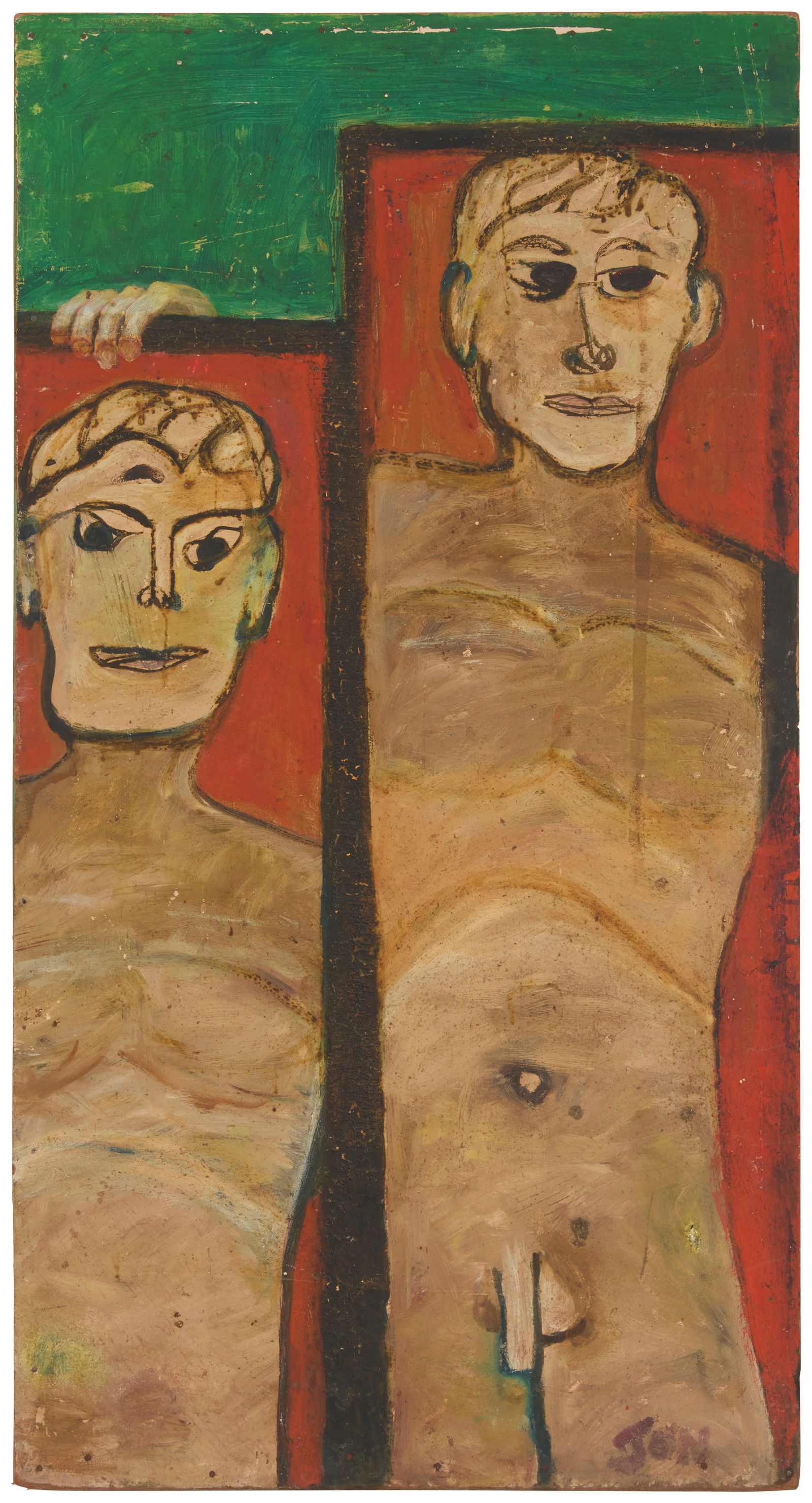 Jon Serl (1894-1993), "Brothers Picture," circa 1960s: Jon Serl(1894-1993)"Brothers Picture," circa 1960sOil on repurposed MasoniteSigned lower right: Jon; titled (twice) and inscribed "N14" in another hand on the verso40.25" H x 21.5" W Provenance: