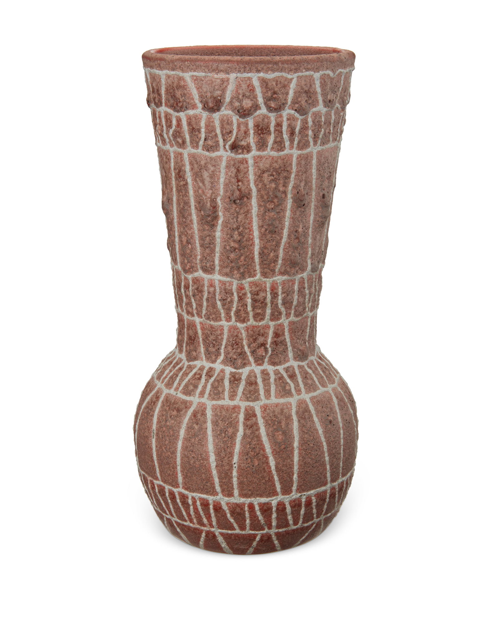 A Modern glazed pottery vase: A Modern glazed pottery vaseMid-20th centuryUnmarkedWith matte volcanic-style glaze16" H x 7.5" Dia.