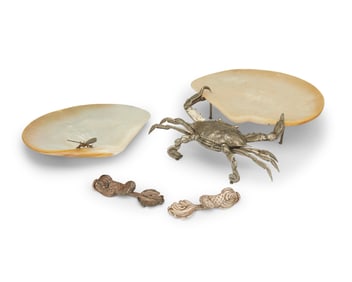 Two seashell dishes and a pair of Christofle knife rests