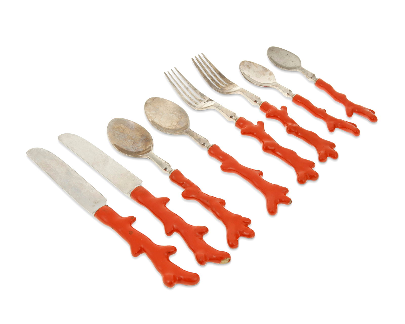 A Source Perrier Collection coral-form partial flatware service: A Source Perrier Collection coral-form partial flatware serviceMid/late 20th centuryKnife blades marked and dated: SPEach nickel-plated utensil with enameled coral-form handle, comprising 4 dinner for