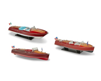 Three lacquered wood model speedboats