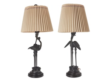 A pair of Chinese bronze figural candlestick table lamps
