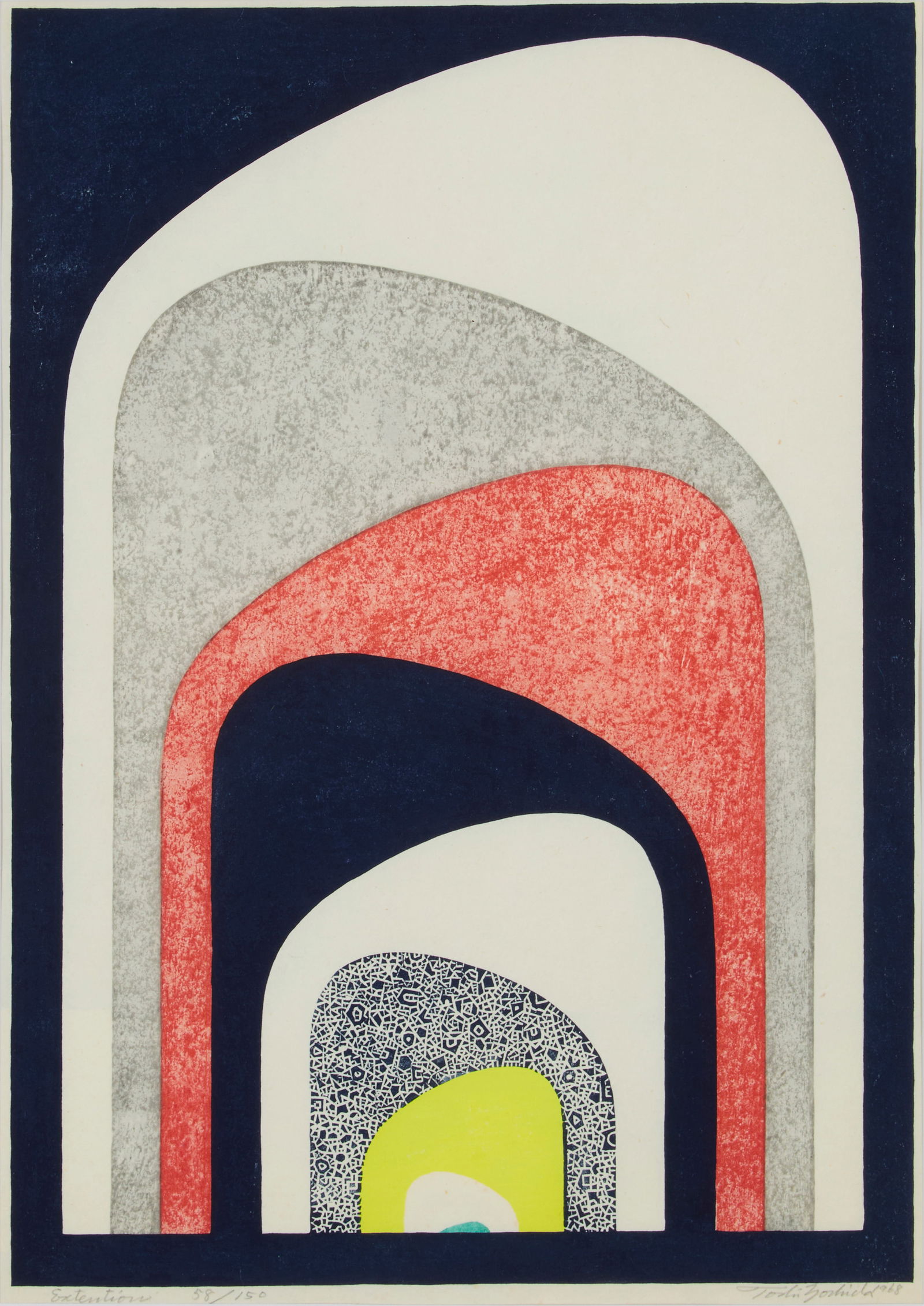 Toshi Yoshida (1911-1995), "Extension," 1968: Toshi Yoshida(1911-1995)"Extension," 1968Woodcut in colors on Japan paperEdition: 58/150Signed, titled, dated, and numbered in pencil in the lower margin: Toshi Yoshida 1968Image: 22.25" H x 15.5" W;