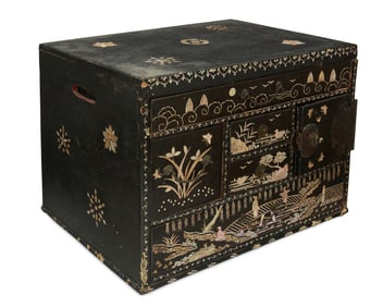 An Asian inlaid ebonized wood jewelry box