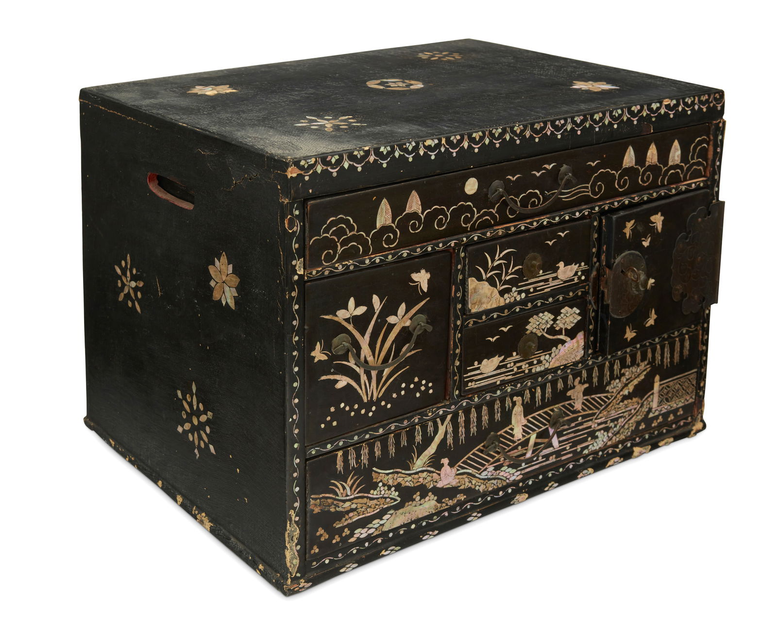 An Asian inlaid ebonized wood jewelry box: An Asian inlaid ebonized wood jewelry box20th centuryThe cloth-clad and painted wood box featuring mother of pearl inlay depicting floral medallions to top and sides and various natural scenes with fi