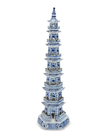A Chinese blue and white porcelain pagoda