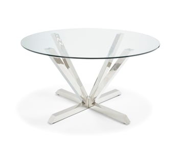 A Modern chromed metal and glass dining table