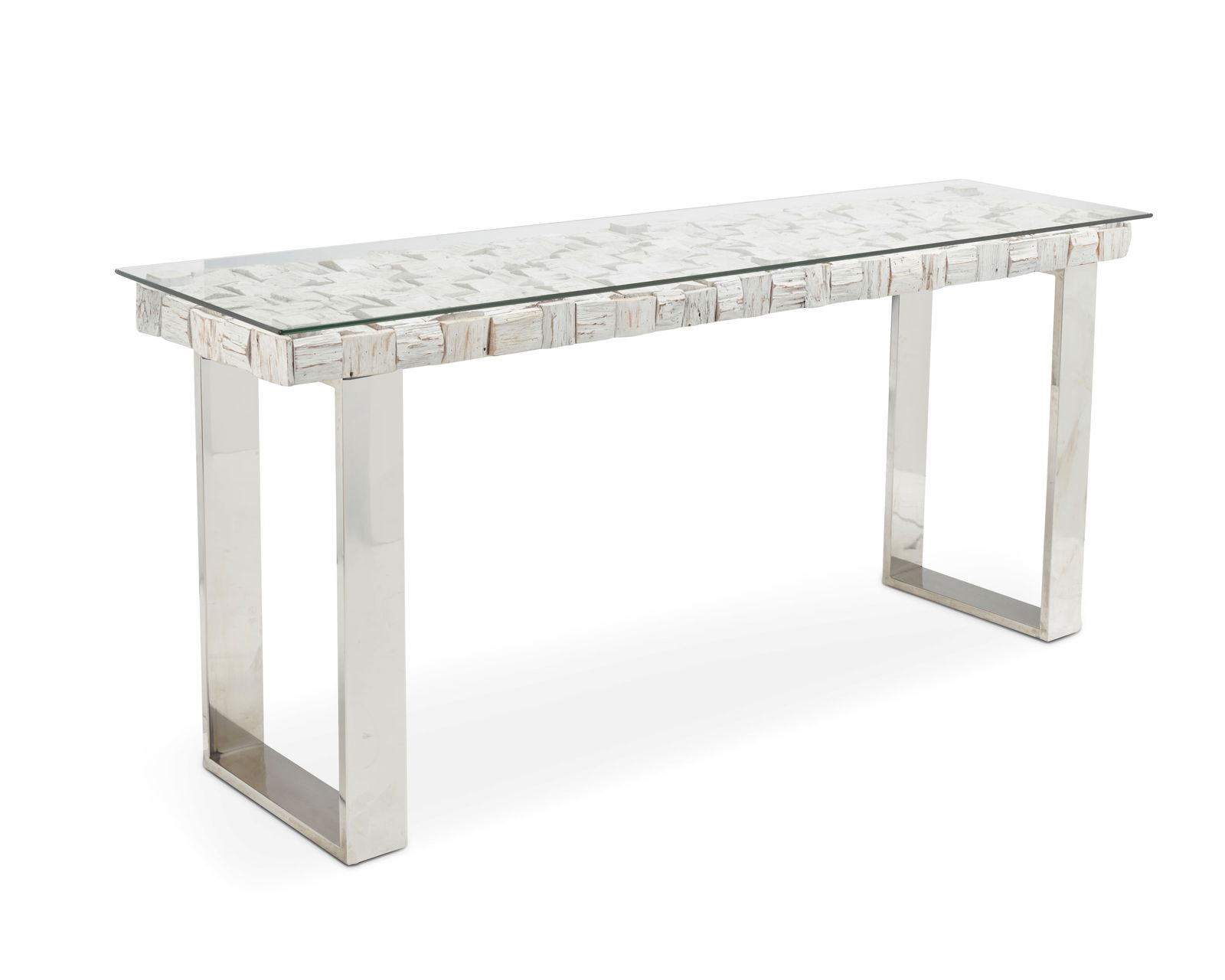 An Orient Express Furniture 'Magnolia' console table: An Orient Express Furniture 'Magnolia' console table2015Dated and attributed to paper tagThe wood table mounted with white painted wood fragments and raised on chromed steel legs, surmounted by a glas