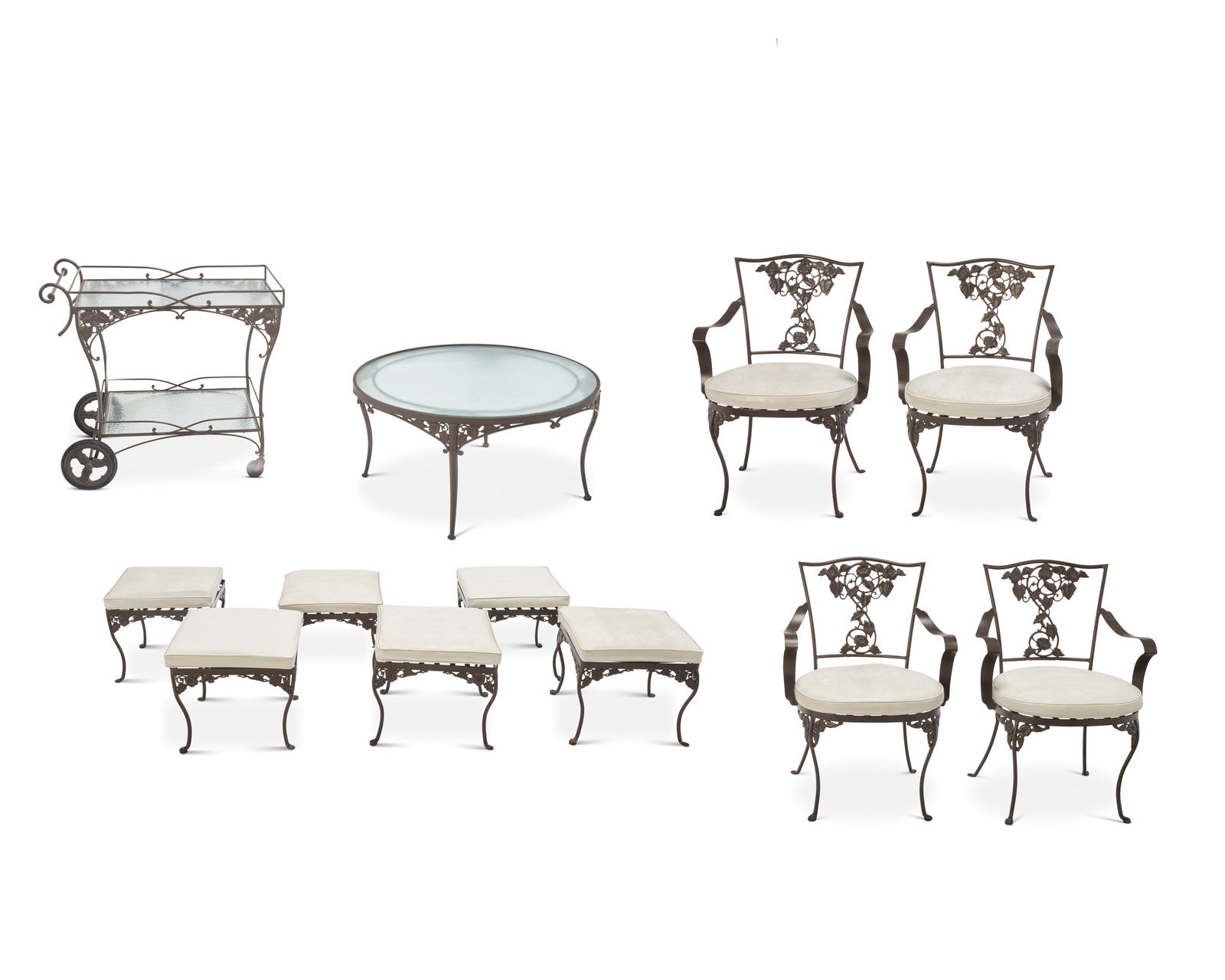 A collection of Brown Jordan 'Morning Glory' patio furniture: A collection of Brown Jordan 'Morning Glory' patio furnitureEarly 21st centuryThe enameled metal set with white vinyl-upholstered seat cushions, comprising a small circular table with glass top (18.75