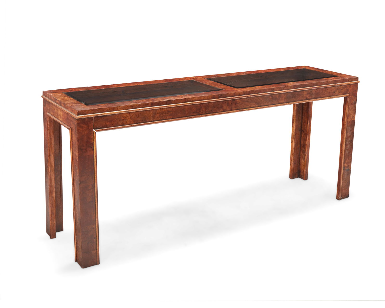 A Glenn of California burlwood entry table: A Glenn of California burlwood entry tableLate 20th centuryThe console table with two inset smoky glass panels27.5" H x 61" W x 17" D Provenance:Estate of Robert Baron, Huntington Beach, CA