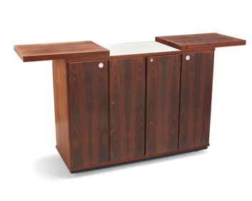A Modern wood mobile bar cart