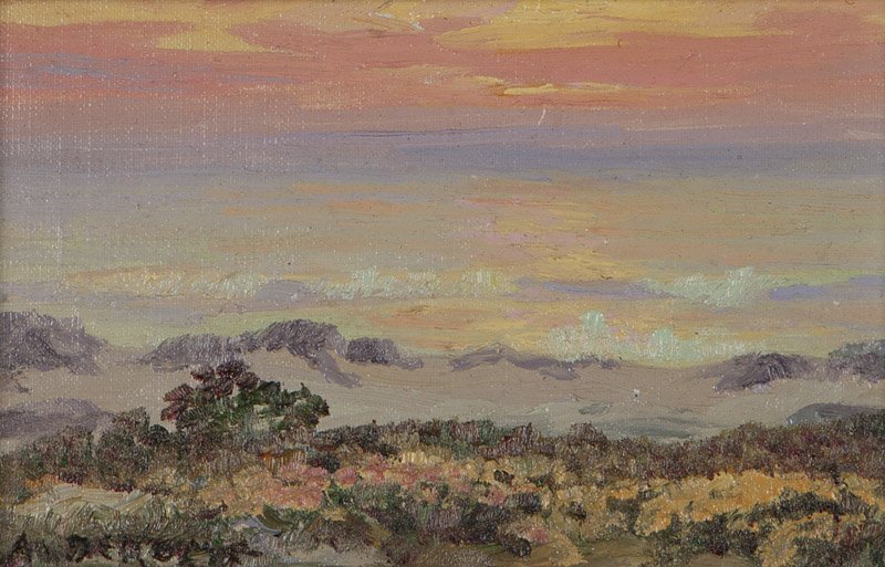 Albert Thomas De Rome (1885-1959 Carmel, CA): ''Evening Dunes, Monterey Coast'', signed lower left: A. De Rome, titled and dated verso: Feb 1934, oil on unstretched window shade canvas, 4'' H x 6'' W, est: $500/700 Literature: W.A. Nelson-Rees, '