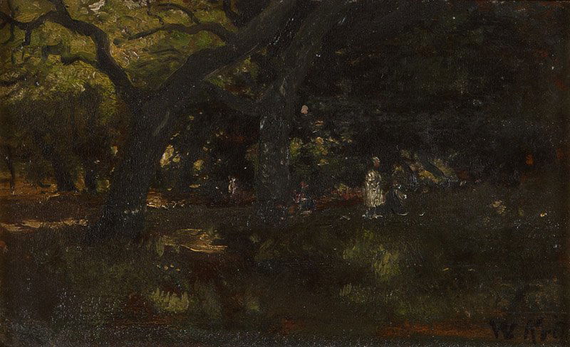 William Keith (1838-1911 San Francisco, CA): Figures in a California landscape, circa 1885, signed lower right: W. Keith, oil on cigar box lid, 4.75'' H x 8'' W, est: $1000/1500