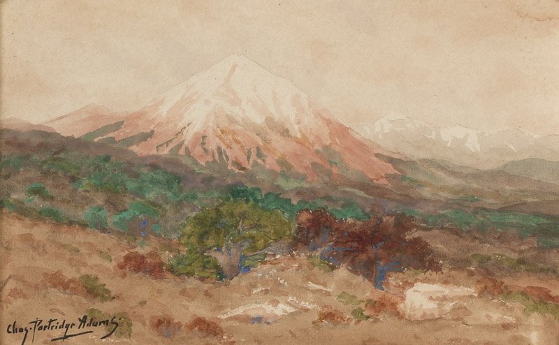 Charles Partridge Adams (1858-1942 Pasadena, CA): ''Mountainscape'', signed lower left: Chas. Partridge. Adams., watercolor and gouache on paper under glass, 5'' H x 9'' W, est: $1500/2000