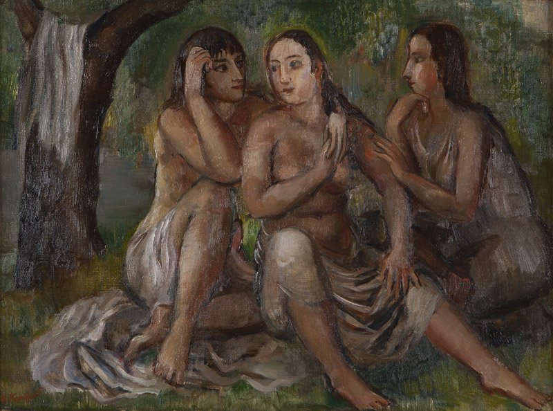 Bernard Karfiol (1886-1952 New York, NY): ''Three Figures'', or 'Three Young Women', signed lower left: B. Karfiol, signed again and titled on a partial exhibition label affixed verso, oil on canvas, 12'' H x 16'' W, est: $2000/3000 Exhibited