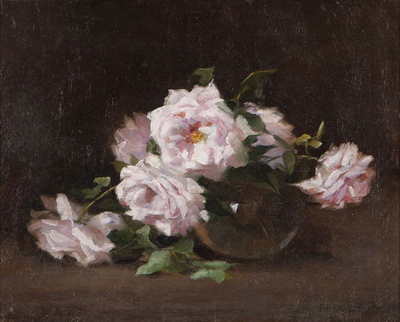 Fannie E. Duvall (1861-1934 Los Angeles, CA): Still life - pink roses in a vase, signed lower left: F.E. Duvall, oil on canvas laid to canvas, 16'' H x 20'' W, est: $2000/3000