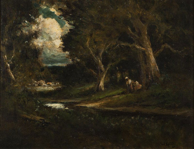 William Keith (1838-1911 San Francisco, CA): Figures, stream and cottages in a wooded glade, signed and inscribed lower right: W. Keith S.F., oil on canvas laid to canvas, 19.75'' H x 25.75'' W, est: $2000/3000