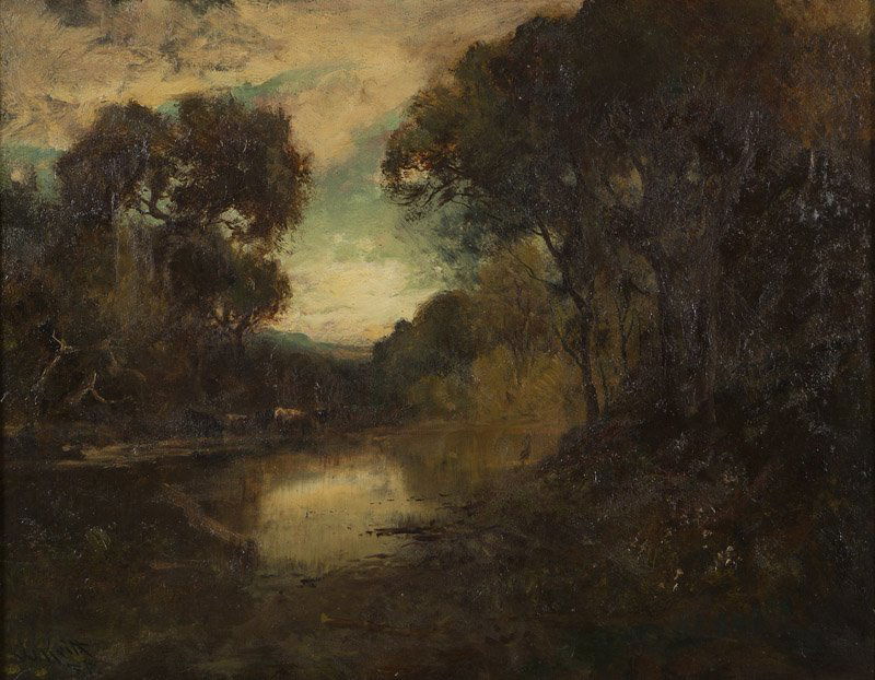 William Keith (1838-1911 San Francisco, CA): Cows watering in a Tonalist landscape, signed and inscribed lower left: W. Keith S.F., indistinctly signed again on the stretcher, oil on canvas, 22'' H x 28.25'' W, est: $1500/2000
