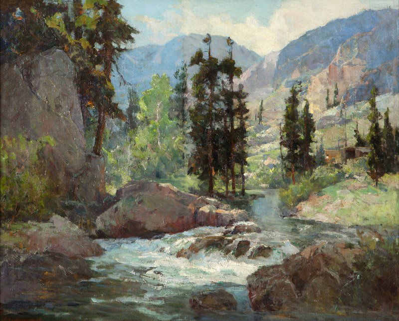 Jack Wilkinson Smith (1873-1949 Alhambra, CA): Cabin nestled in a High Sierras landscape, bears signature lower left: Jack Wilkenson (sic) Smith, oil on canvas, 24'' H x 30'' W, est: $10,000/15,000