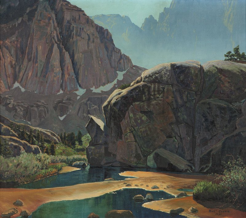 Robert Clunie (1895-1984 Bishop, CA): ''In the South Fork Basin, Big Pine Canyon'', signed and dated lower right: Robt. Clunie 1930, signed again and titled verso, oil on canvas, 26'' H x 30'' W, est: $3000/5000 Exhibited: Painters and Sc