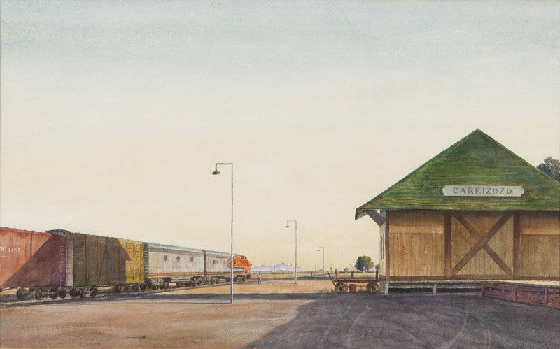 Peter Hurd (1904-1984 San Patricio, NM): ''Freight Stop'', Carrizozo Station, New Mexico, circa 1965, signed lower right: Peter Hurd, with artist's notations along the lower right tape edge: Check design of far side eave!, watercolor with wh