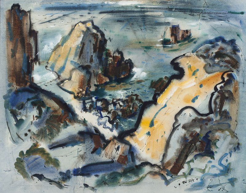 Phillip Latimer Dike (1906-1990 Claremont, CA): ''Gray Day'', signed and dated lower right: Phil Dike '51, signed again, titled, dated and numbered on the original backing paper verso: 8, watercolor on paper laid to artist board, sight size: 18'' H