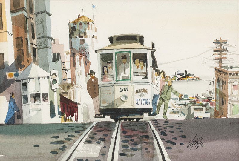 Jake Lee (1915-1991 Los Angeles, CA): ''Top of Knob Hill (sic)'', figures riding a San Francisco cable car, signed lower right: Jake Lee, watercolor on paper under glass, sight size: 14.5'' H x 21'' W, est: $2500/3500