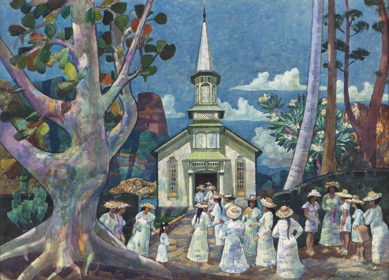 Millard Sheets N.A. (1907-1989 Gualala, CA): ''Sunday Morning, Moorea'', signed and dated lower right: Millard Sheets 1984, signed and dated again and titled on the original foam core backing, watercolor on paper, 29'' H x 40'' W, est: $20,000/2