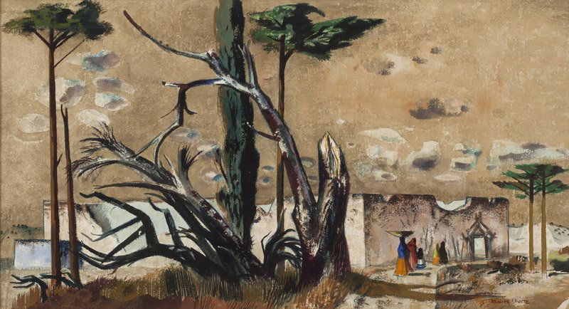 Millard Sheets N.A. (1907-1989 Gualala, CA): Figures on a path walking toward a building, signed lower right: Millard Sheets, watercolor and gouache on paper under glass, sight size: 15.5'' H x 28.5'' W, est: $3000/5000 Note: Dimensions of the p