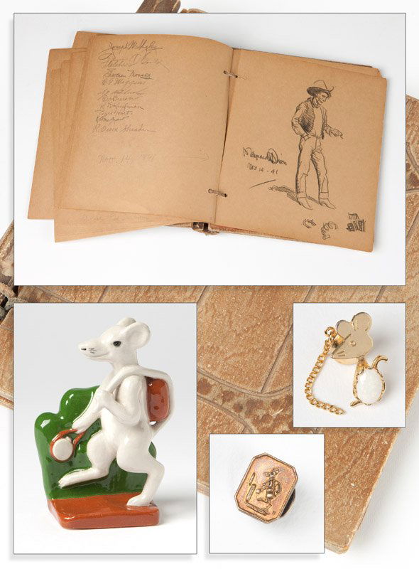 Maynard Dixon (1875-1949 Tucson, AZ): Standing cowboy, signed and dated lower left: Maynard Dixon Nov 14 - 41, graphite on brown paper bound in a hand-made guest book between wooden covers with two leather straps, est: $800/1200 Note: The